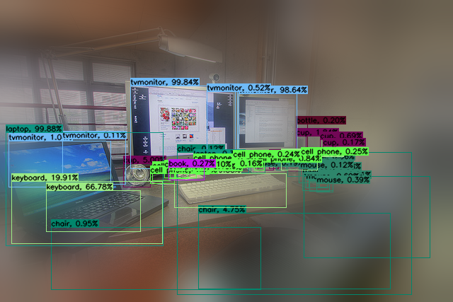 Object detections in a foveated image. The names and percentages indicate the class with the highest confidence score of the respective detection (bounding box).